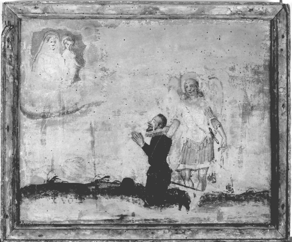 Madonna con Bambino e San Michele Arcangelo intercedono per devoto (ex voto, opera isolata) - ambito piemontese (sec. XVII)