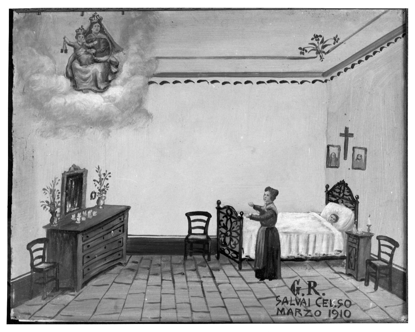Madonna del Carmelo intercede per guarigione (ex voto, opera isolata) - ambito piemontese (inizio sec. XX)