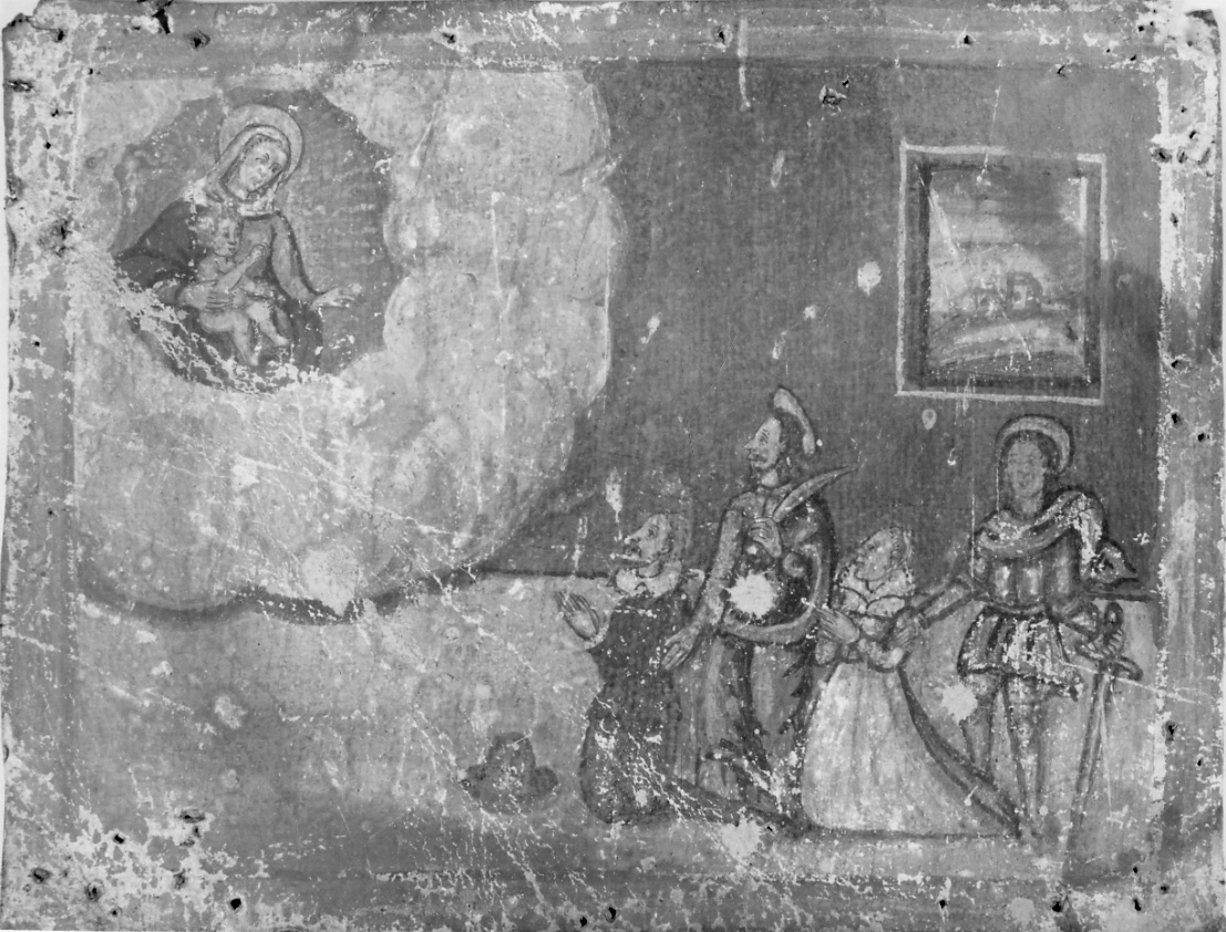 Madonna con Bambino, San Giorgio e Santo intercedono per devoti (ex voto, opera isolata) - ambito piemontese (prima metà sec. XVII)