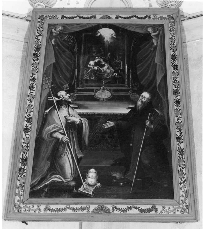 San Gregorio e Sant'Antonio Abate in adorazione della Natività (dipinto, opera isolata) di Botta Paolo Amedeo - ambito piemontese (prima metà sec. XVIII)
