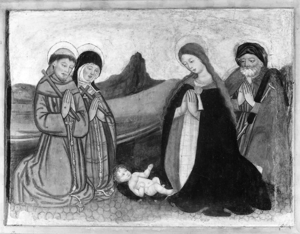 adorazione di Gesù Bambino (dipinto, opera isolata) - ambito piemontese (fine/inizio secc. XV/ XVI)