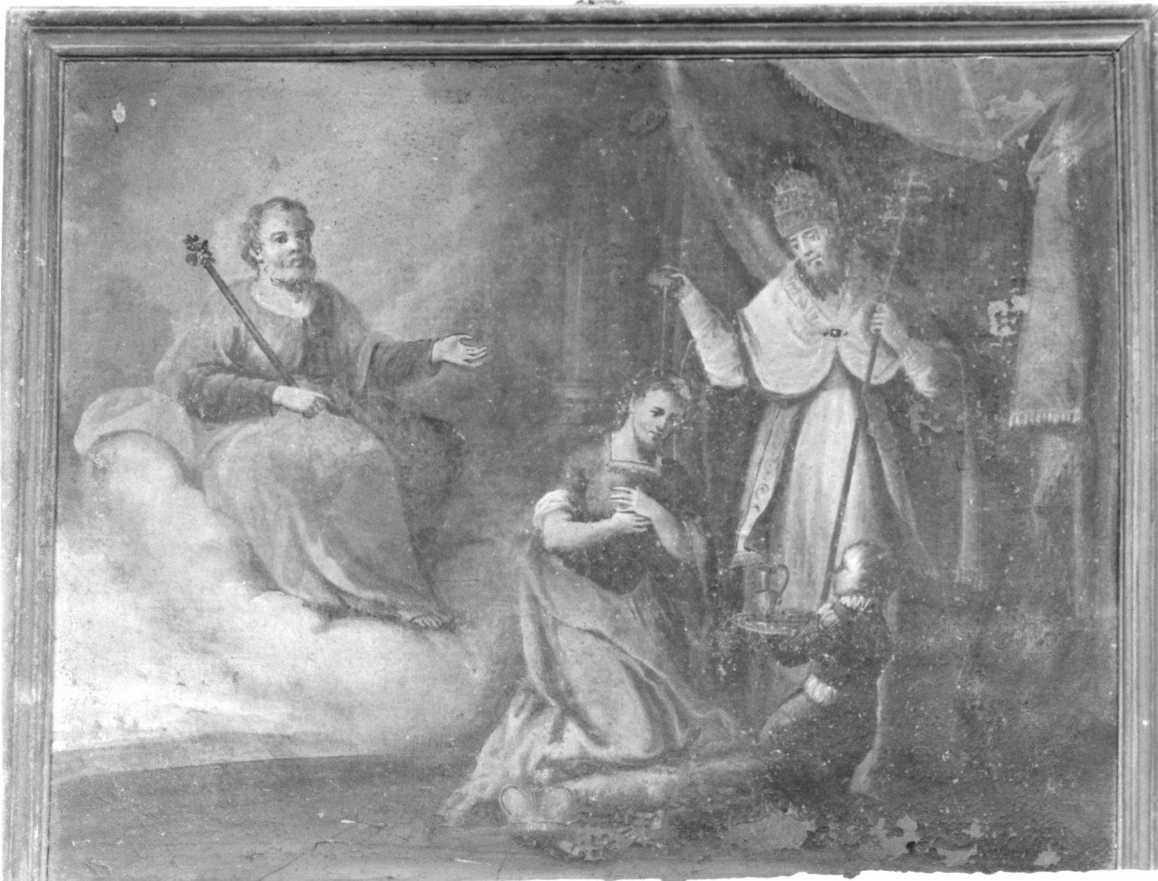 SAN GIUSEPPE ASSISTE AL BATTESIMO AMMINISTRATO DA UN PAPA AD UN SANTO (dipinto, opera isolata) - ambito piemontese (metà sec. XVIII)