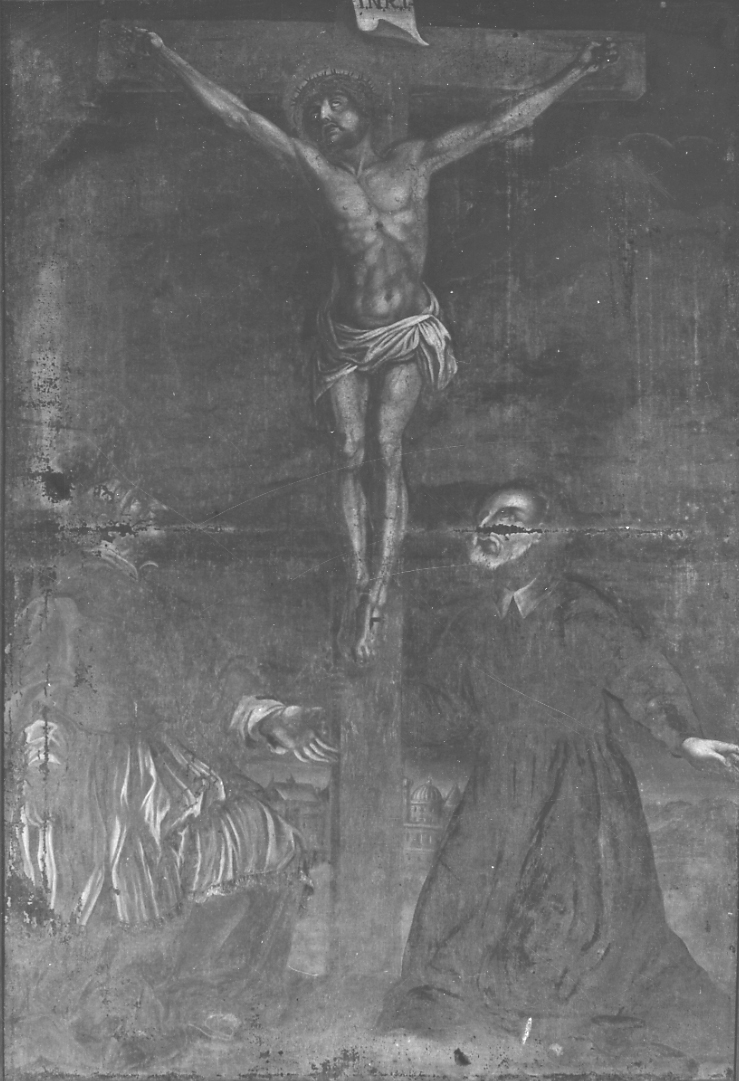 Cristo crocifisso tra San Carlo Borromeo e Santo (dipinto, opera isolata) - ambito piemontese (prima metà sec. XVIII)