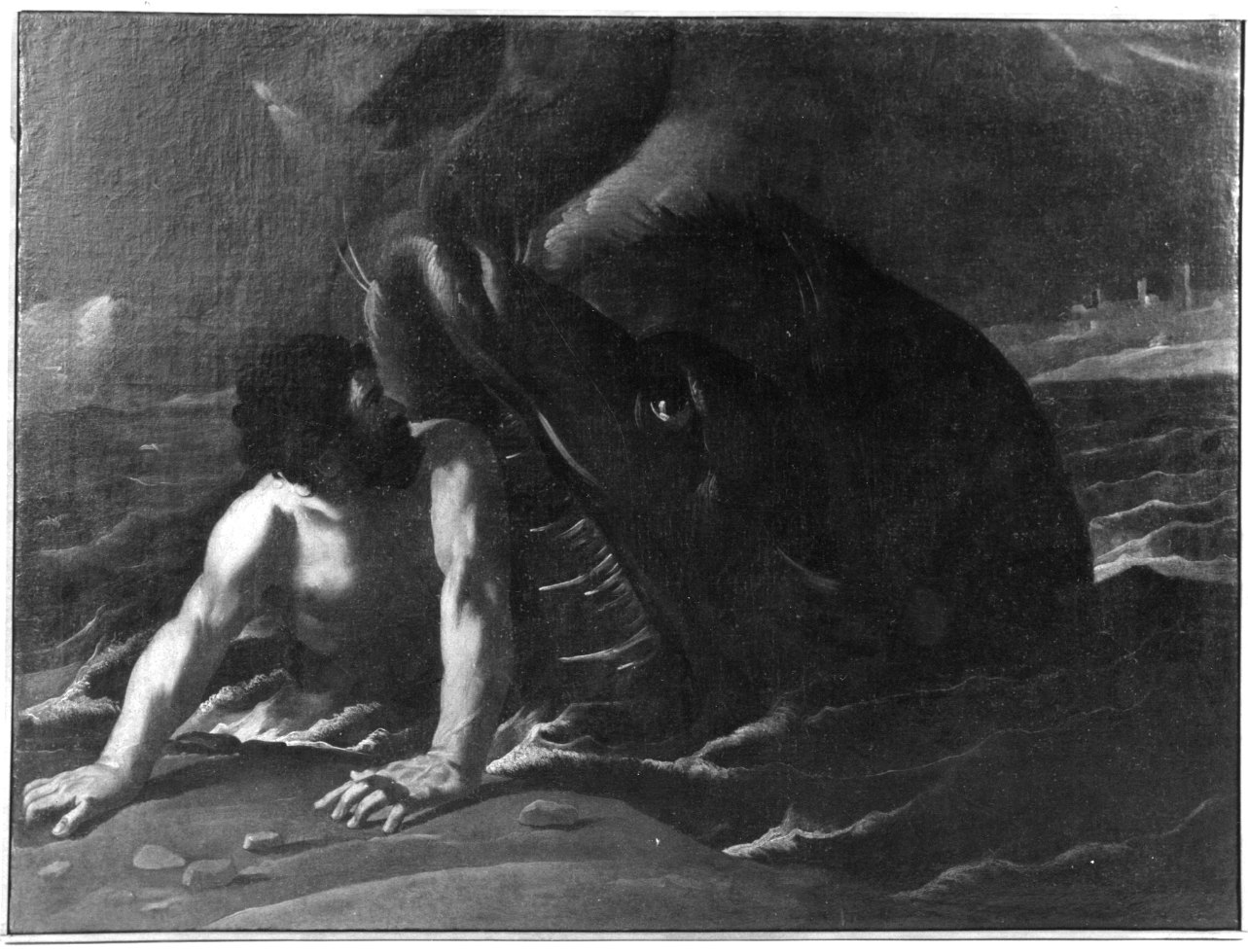 Giona esce dal ventre della balena (dipinto, opera isolata) - ambito lombardo-piemontese (fine/inizio secc. XVII/ XVIII)