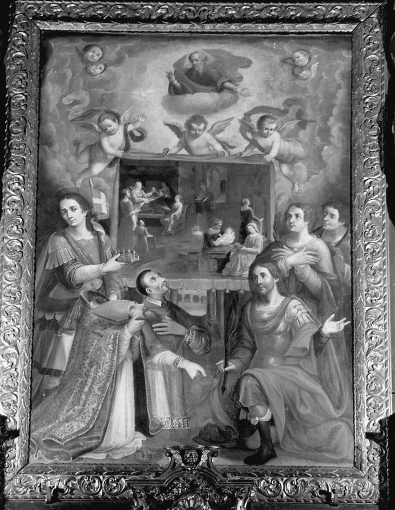Santi adoranti l'immagine della natività della Vergine (dipinto, opera isolata) di Fariano Giovanni Battista (ultimo quarto sec. XVII)