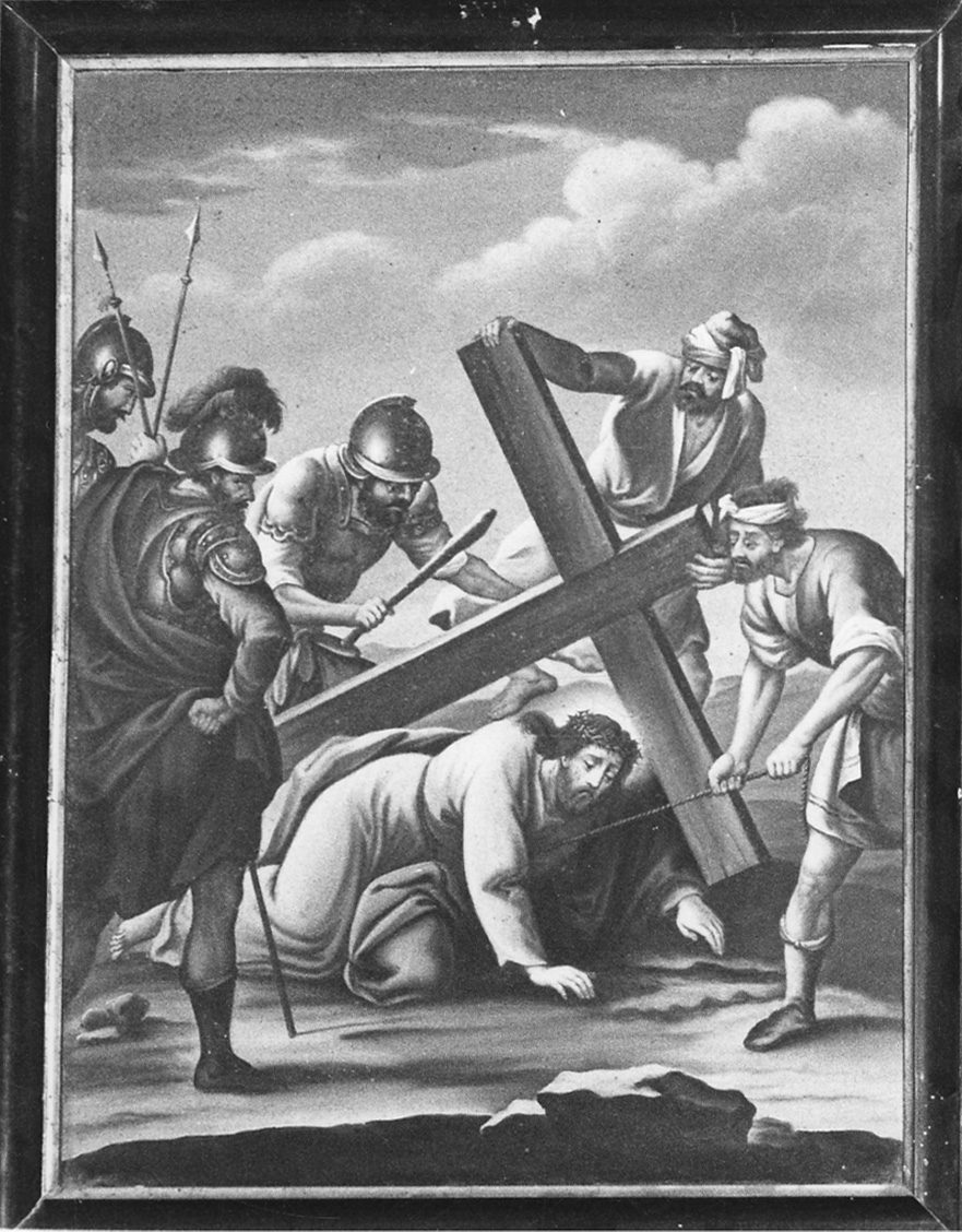 stazione VII: Gesù cade sotto la croce la seconda volta (dipinto, elemento d'insieme) - ambito piemontese (seconda metà sec. XIX)
