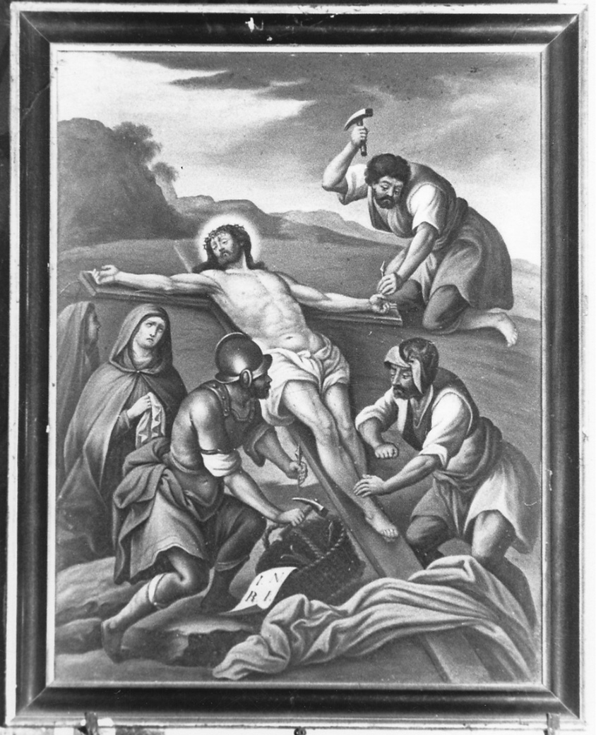 stazione XI: Gesù inchiodato alla croce (dipinto, elemento d'insieme) - ambito piemontese (seconda metà sec. XIX)