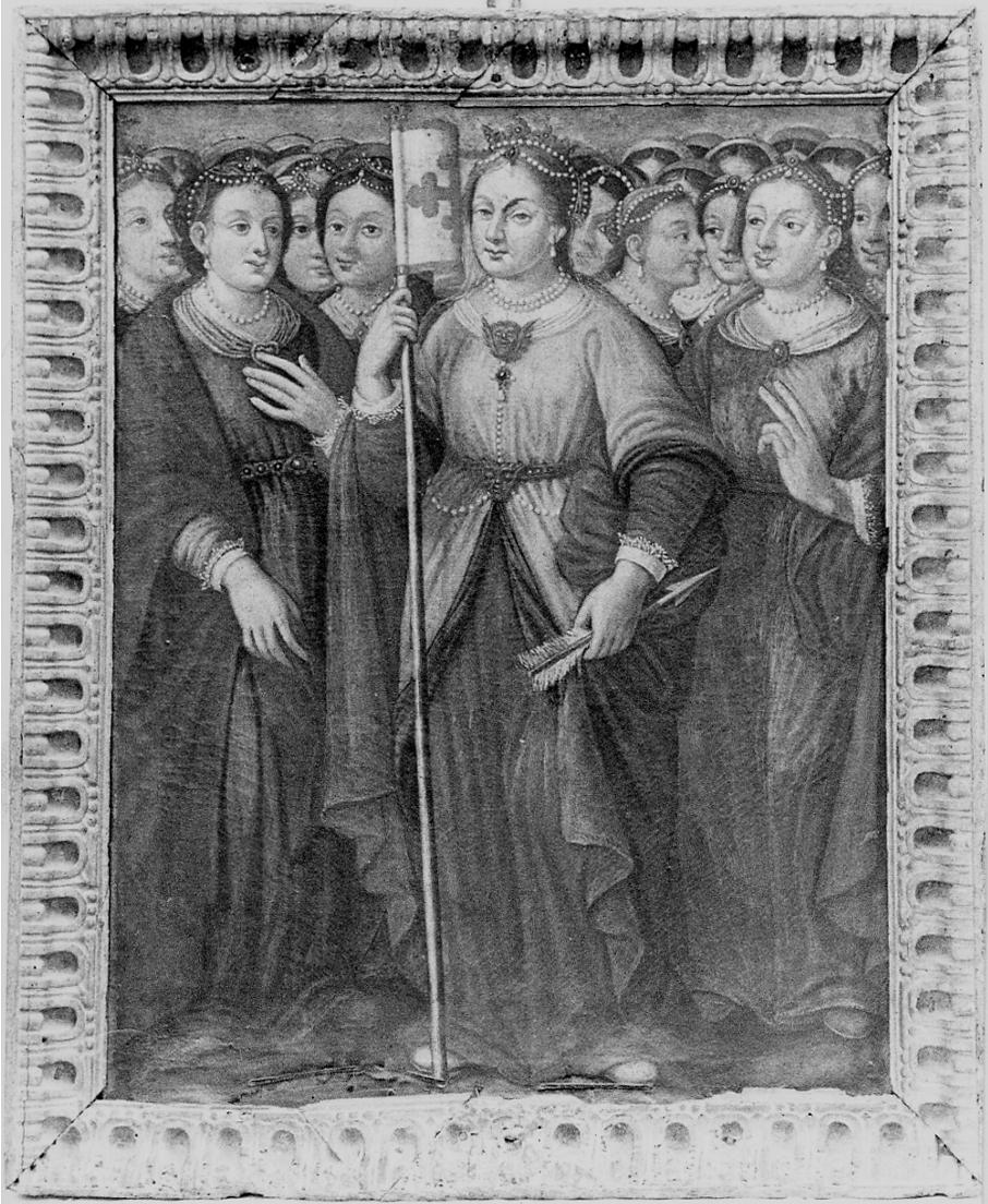Sant'Orsola protegge le undicimila vergini sotto il suo manto (dipinto, opera isolata) - ambito piemontese (sec. XVII)