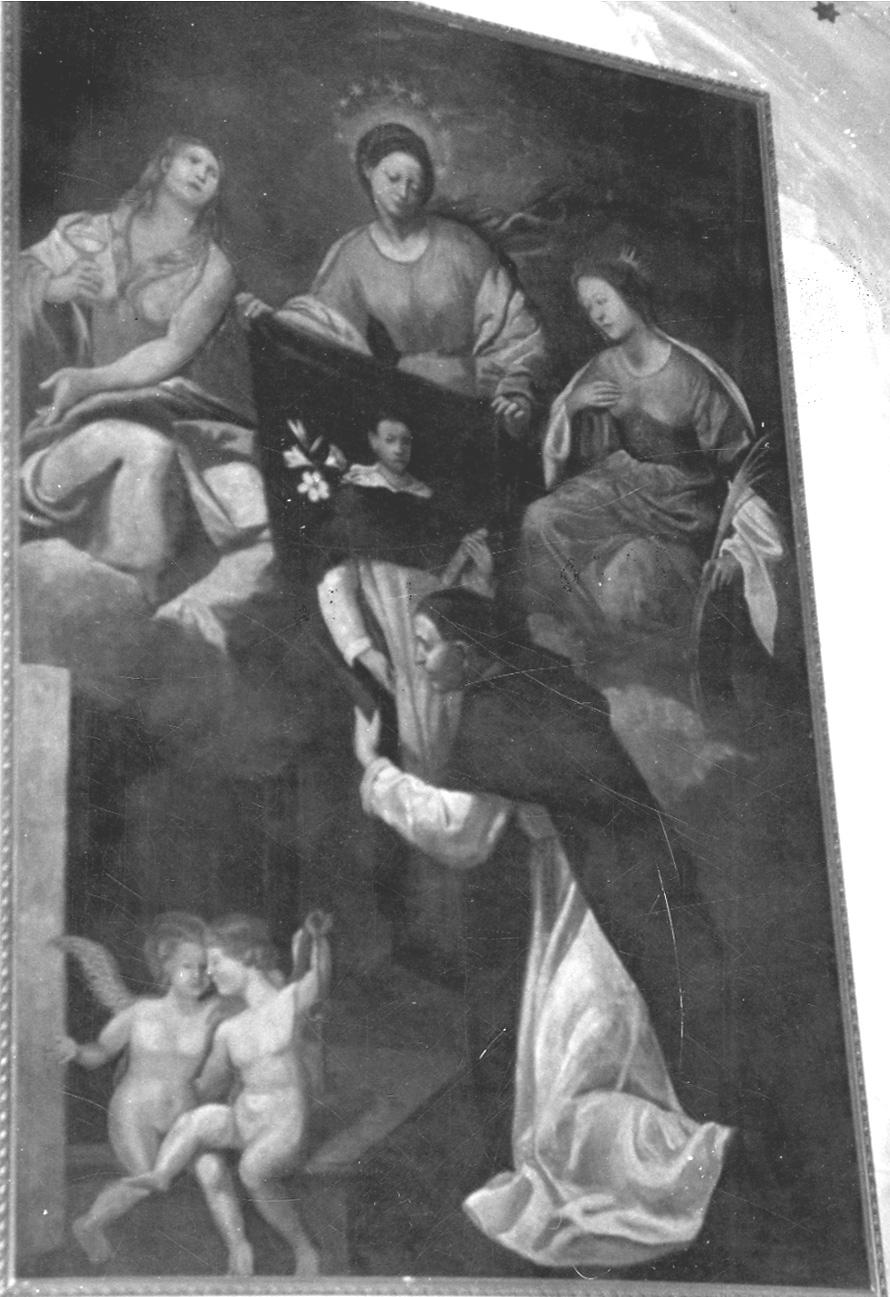 Madonna, Santa Maria Maddalena e Santa Caterina d'Alessandria donano a un frate domenicano di Soriano l'effigie di San Domenico con il giglio e il libro (dipinto, opera isolata) - ambito ligure (prima metà sec. XVII)