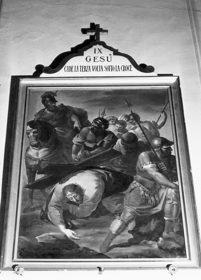 stazione IX: Gesù cade sotto la croce la terza volta (dipinto) di Belotti Carlo (terzo quarto sec. XIX)