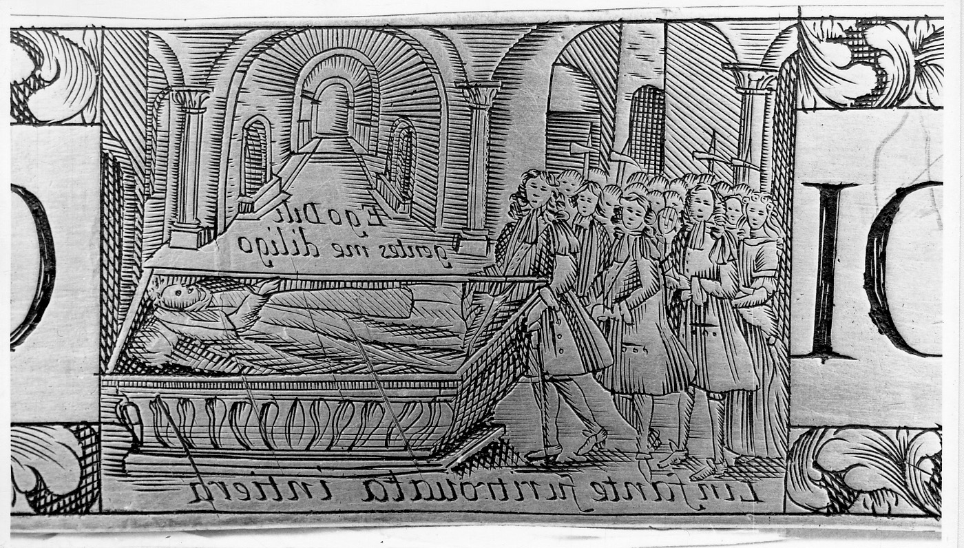 apertura del sepolcro di Caterina di Savoia (decorazione a incisione, elemento d'insieme) di Ottino Giuseppe e fratelli (sec. XVII)
