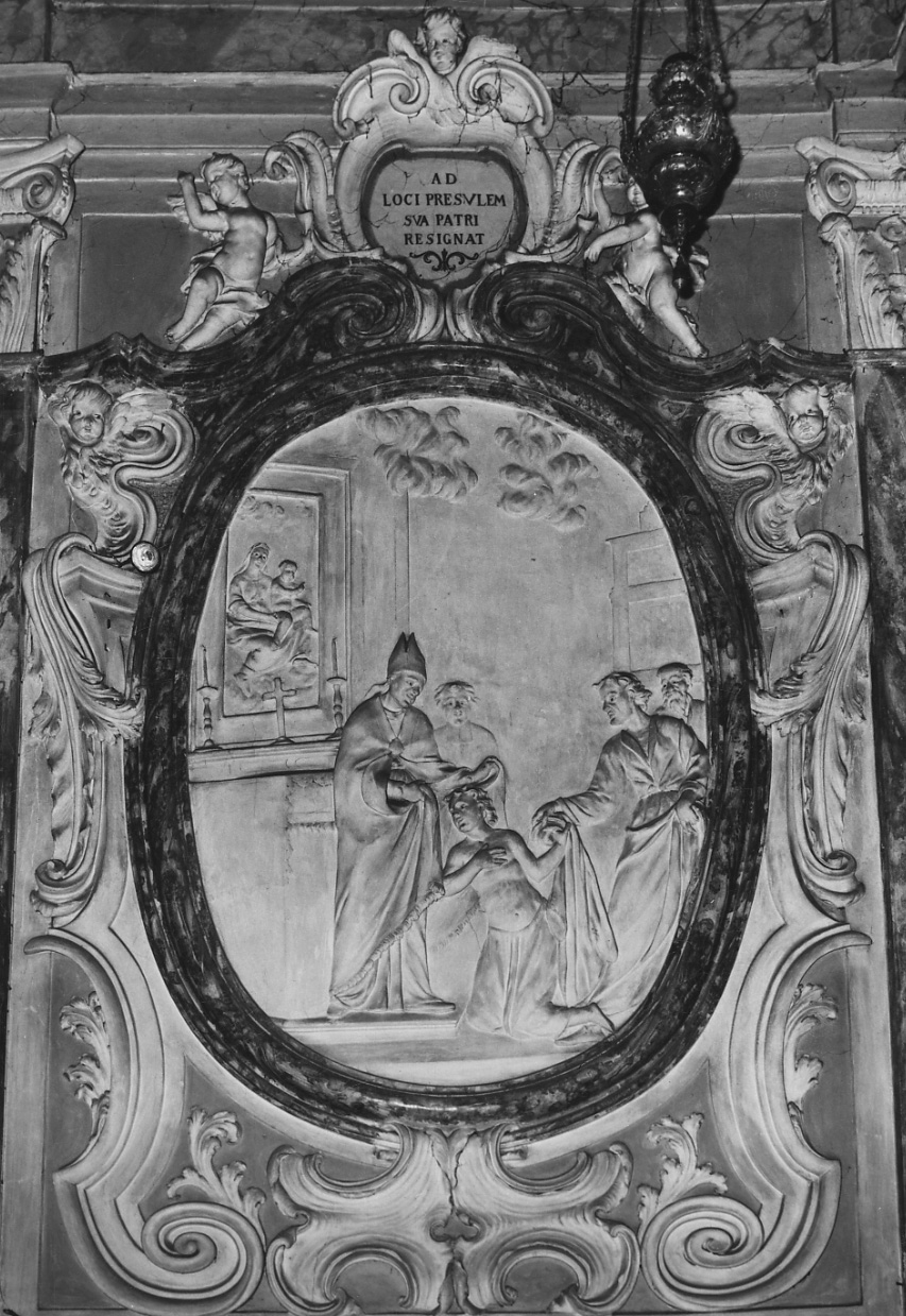 San Francesco d'Assisi rinuncia ai beni del padre (decorazione plastica, elemento d'insieme) - bottega piemontese (primo quarto sec. XVIII)