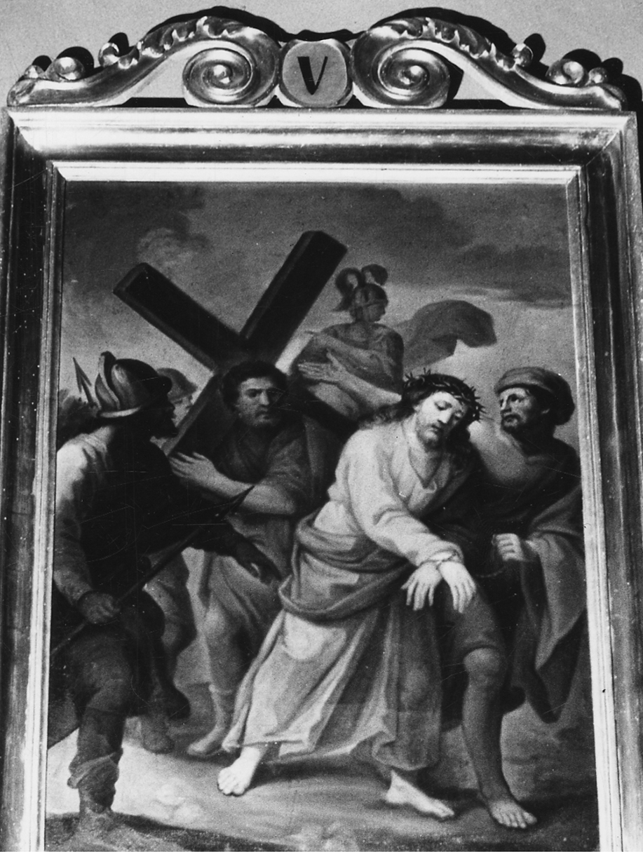 stazione V: Gesù aiutato da Simone il Cireneo a portare la croce (dipinto, elemento d'insieme) - ambito cuneese (seconda metà sec. XIX)