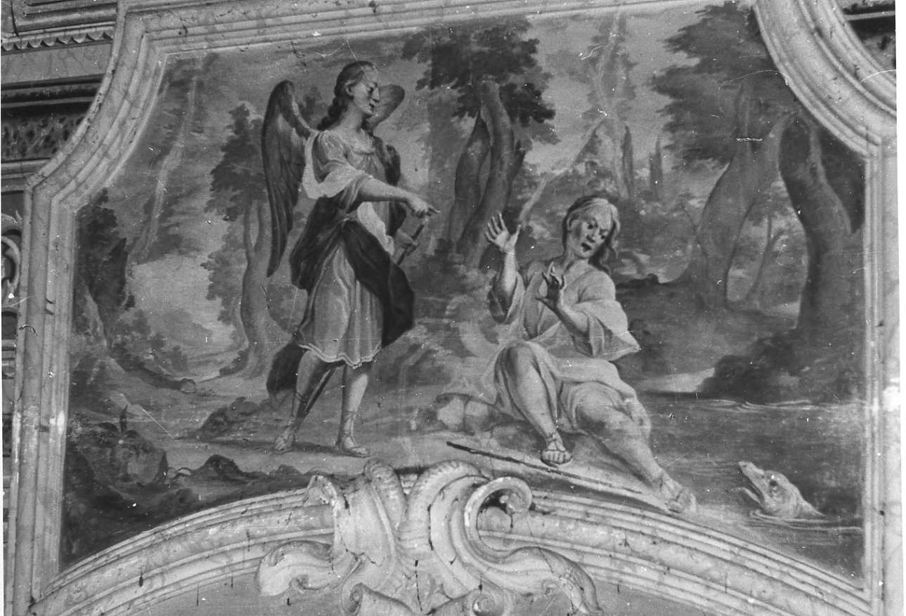 Tobia con l'Angelo si spaventa alla vista del pesce (dipinto, elemento d'insieme) di Pozzi Giovanni Battista senior (prima metà sec. XVIII)