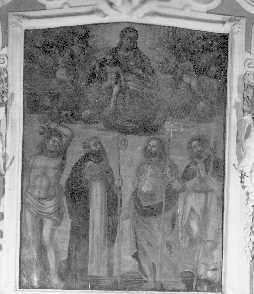 Madonna con Bambino, San Sebastiano, San Bernardo, San Defendente e San Rocco (dipinto, opera isolata) di Pittatore Francesco (primo quarto sec. XVII)