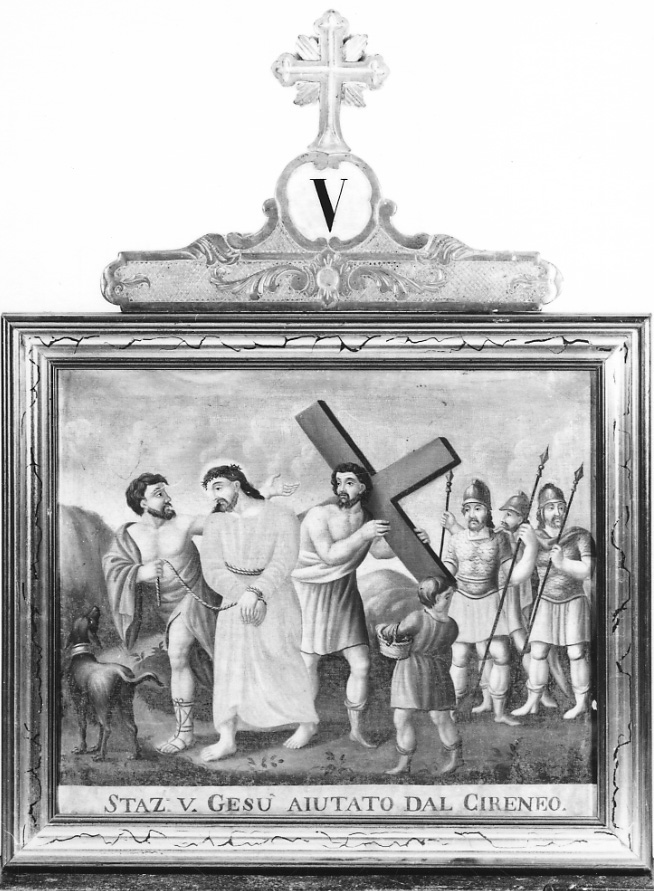 stazione V: Gesù aiutato da Simone il Cireneo a portare la croce (dipinto, elemento d'insieme) di Ferraris Domenico (sec. XIX)