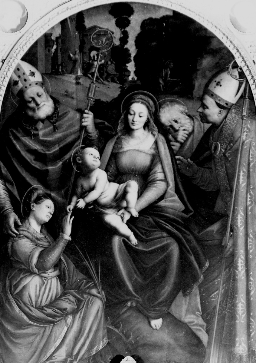 matrimonio mistico di Santa Caterina d'Alessandria con Sant'Agabio, San Gaudenzio e San Giuseppe (dipinto, elemento d'insieme) di Ferrari Gaudenzio (secondo quarto sec. XVI)