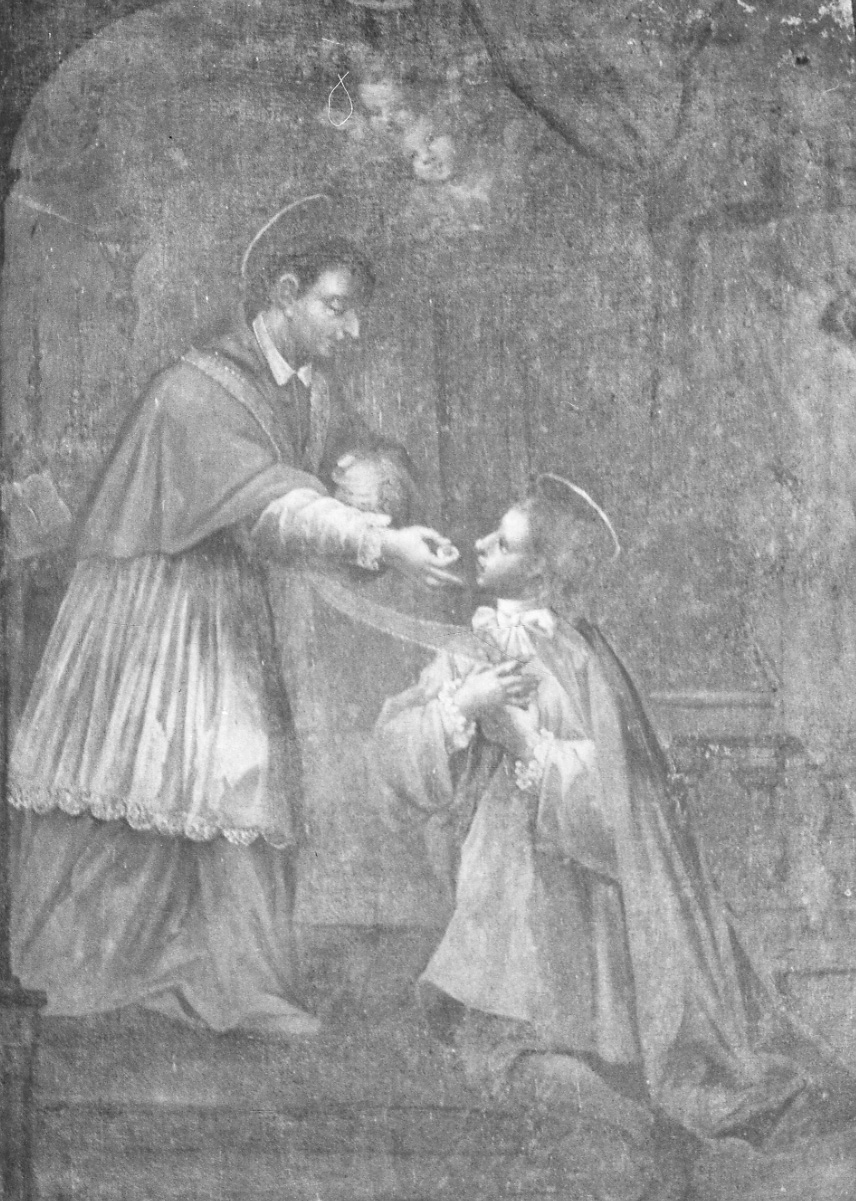 San Luigi Gonzaga riceve la prima comunione da San Carlo Borromeo (dipinto, opera isolata) - ambito piemontese (fine/inizio secc. XVII/ XVIII)