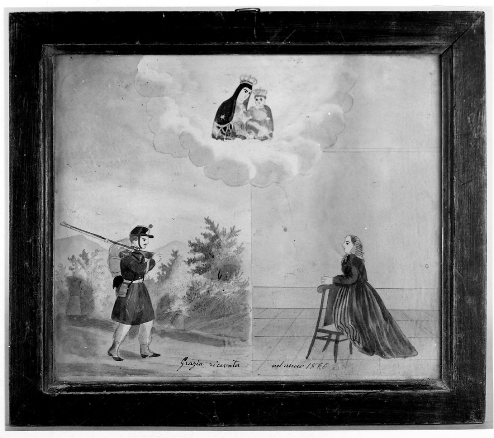 Intervento della Madonna della Consolata per salvare dalla guerra (dipinto, opera isolata) - ambito piemontese (sec. XIX)