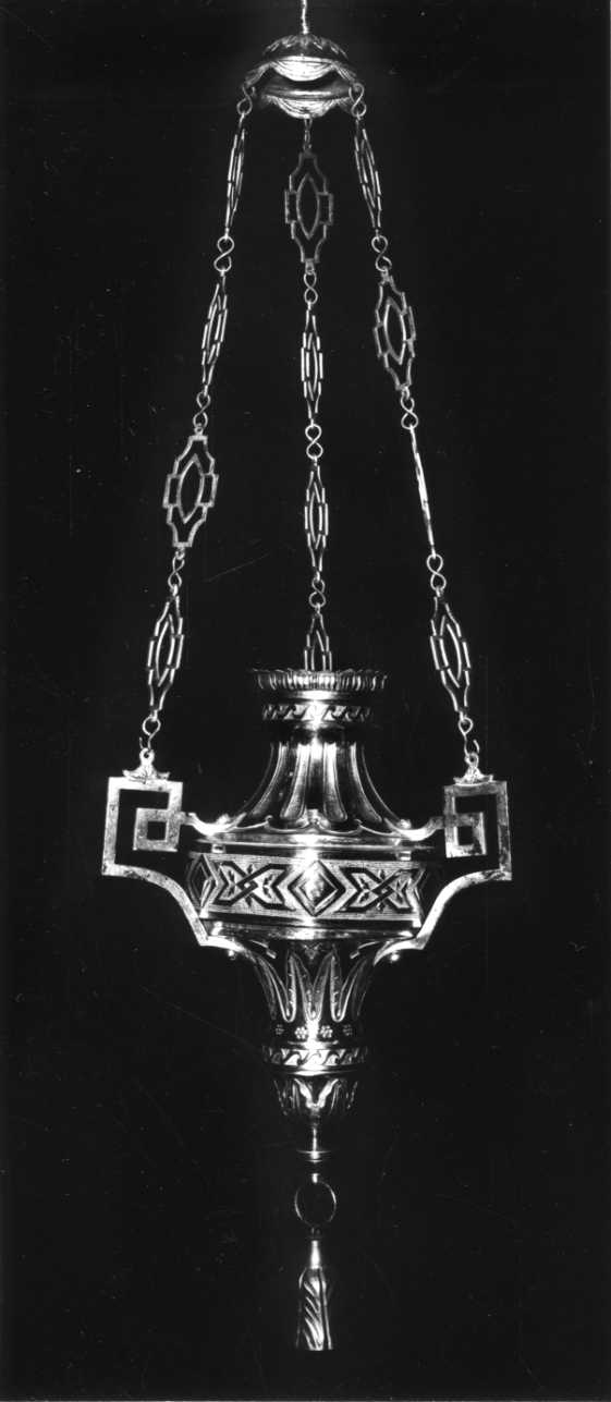 lampada pensile a vaso, opera isolata - bottega piemontese (fine/inizio secc. XIX/ XX)