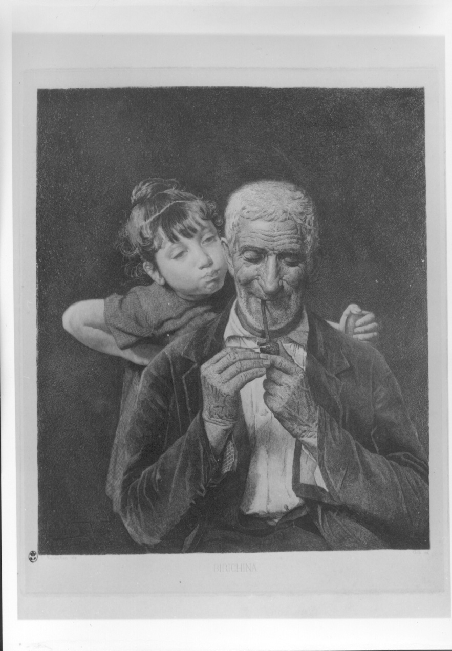 Bambina e anziano che fuma la pipa (stampa) di Gilli Alberto Maso, Nunes Vais Italo (ultimo quarto sec. XIX)