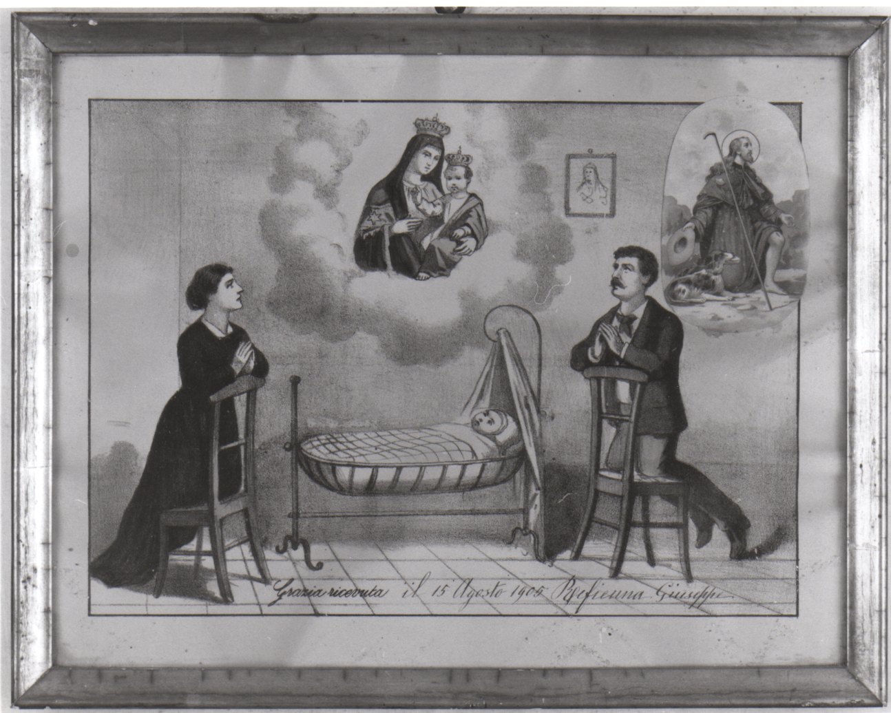 Madonna della Consolazione e San Rocco intercedono per un neonato (stampa colorata a mano) - ambito piemontese (inizio sec. XX)