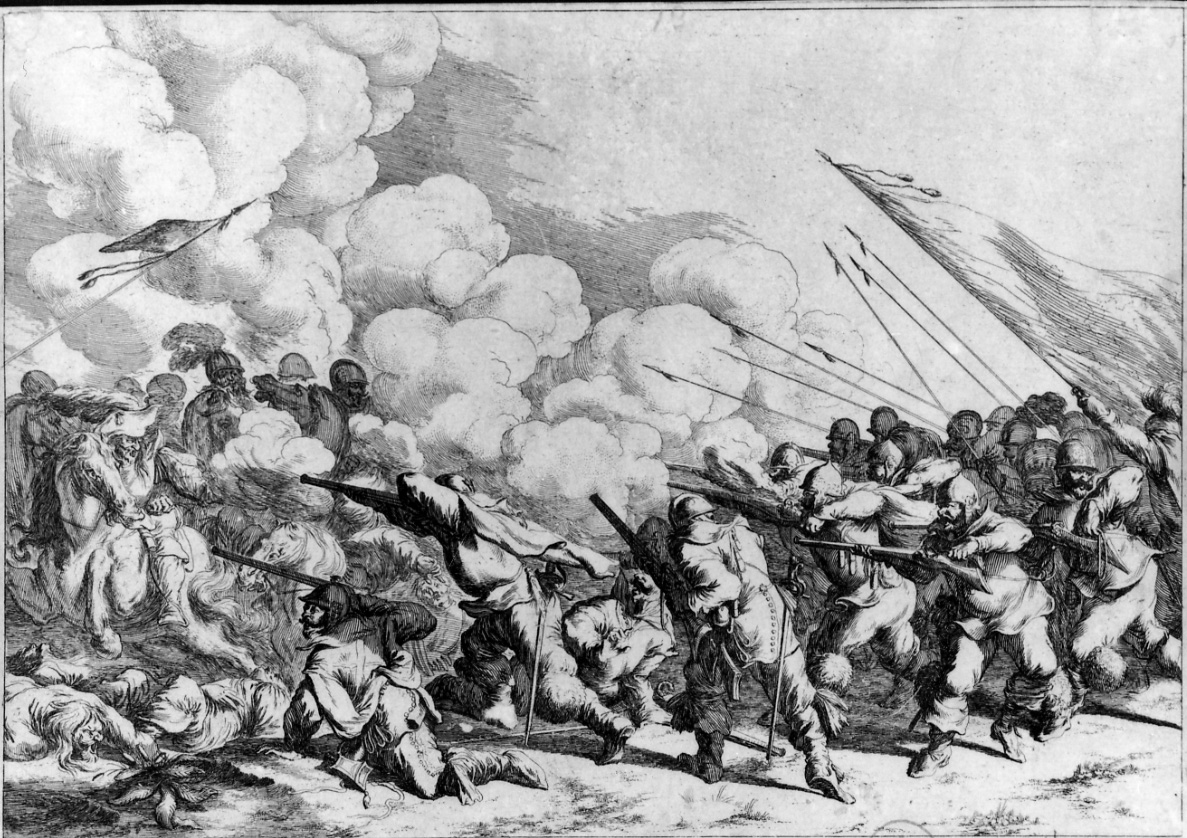 COMBATTIMENTO DI CAVALLEGGIERI, scena di battaglia (stampa) di Baur Johann Wilhelm (prima metà sec. XVII)