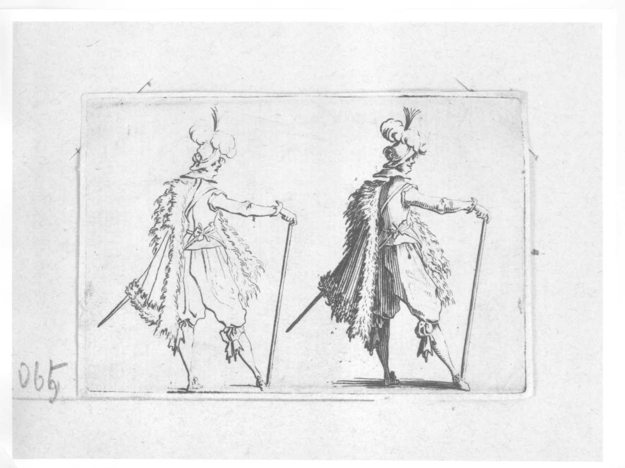 studio di cavaliere, studio di figura maschile (stampa) di Callot Jacques (primo quarto sec. XVII)