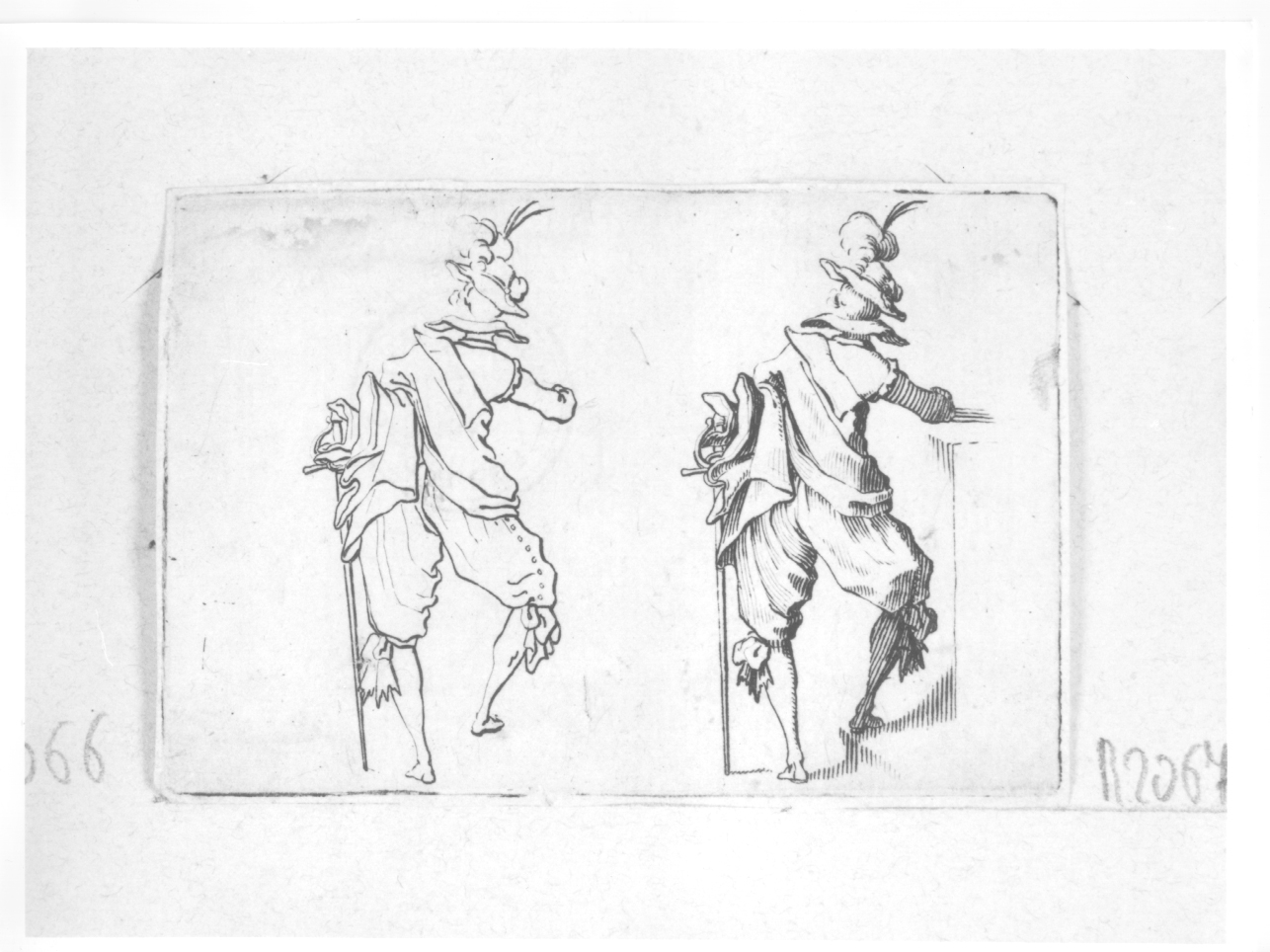 studio di cavaliere, studio di figura maschile (stampa) di Callot Jacques (primo quarto sec. XVII)