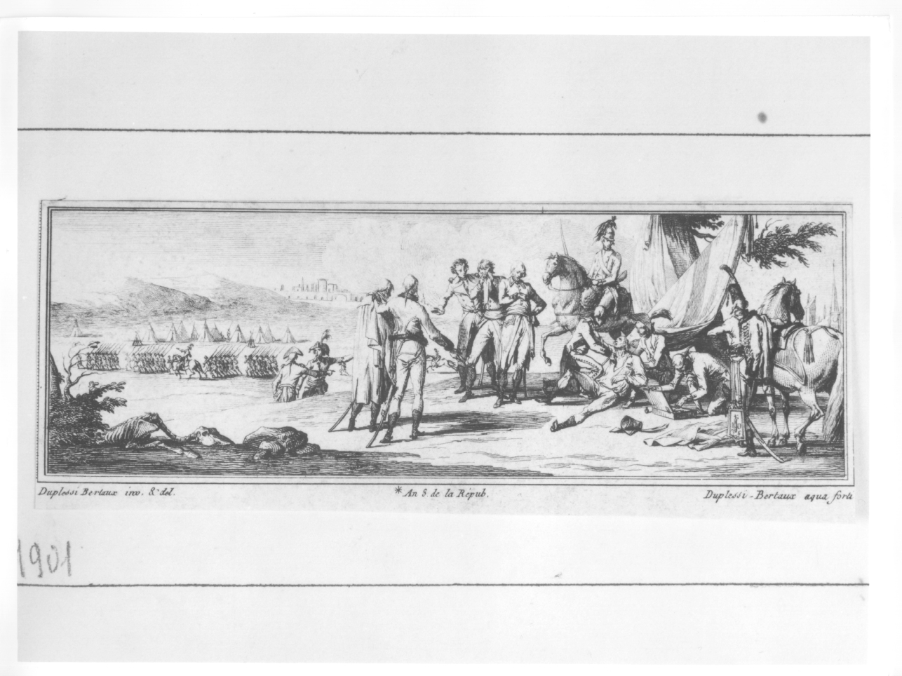 LA MORTE IN BATTAGLIA, soldato morente sul campo di battaglia (stampa) di Duplessi Bertaux Jean (secc. XVIII/ XIX)