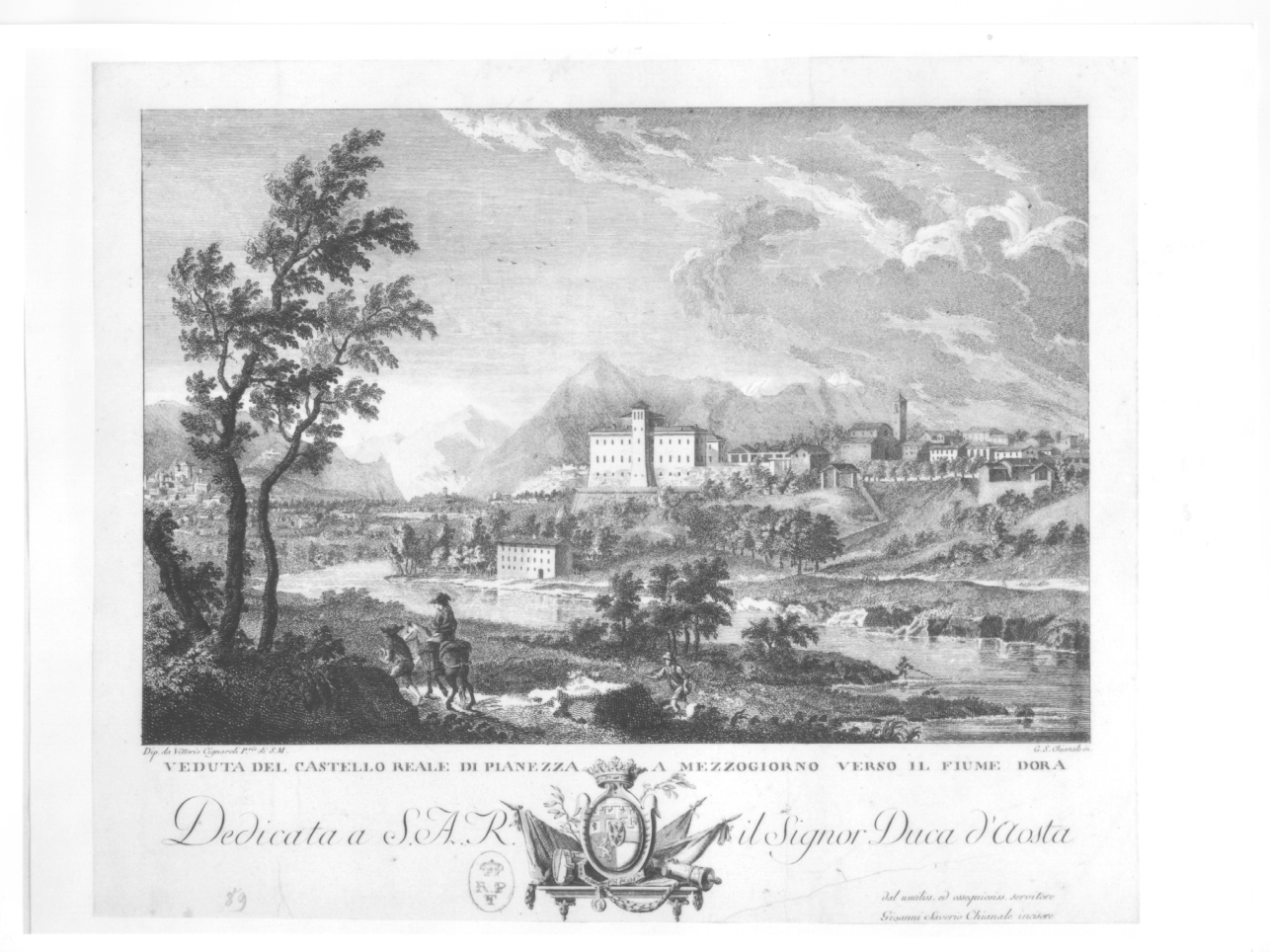 veduta del castello di Pianezza (stampa) di Chianale Giovanni Paolo Saverio, Cignaroli Vittorio Amedeo (fine sec. XVIII)