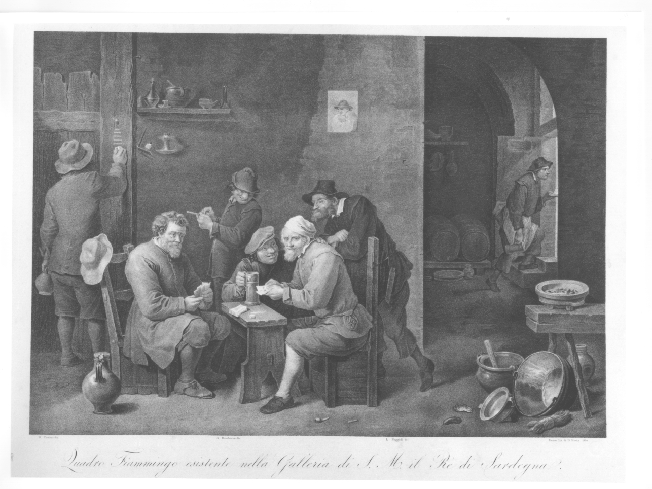 interno di osteria con figure (stampa) di Teniers David, Boucheron Angelo Michele, Poggioli Luigi (secondo quarto sec. XIX)