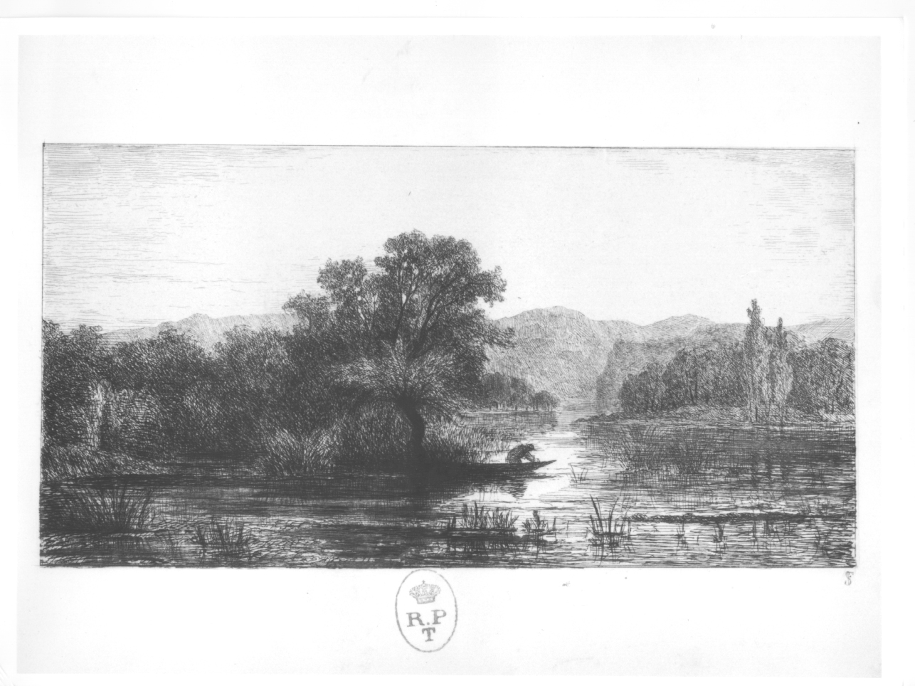 La palude, paesaggio lacustre con pescatore (stampa) di Breme Arborio Gattinara Ferdinando (terzo quarto sec. XIX)