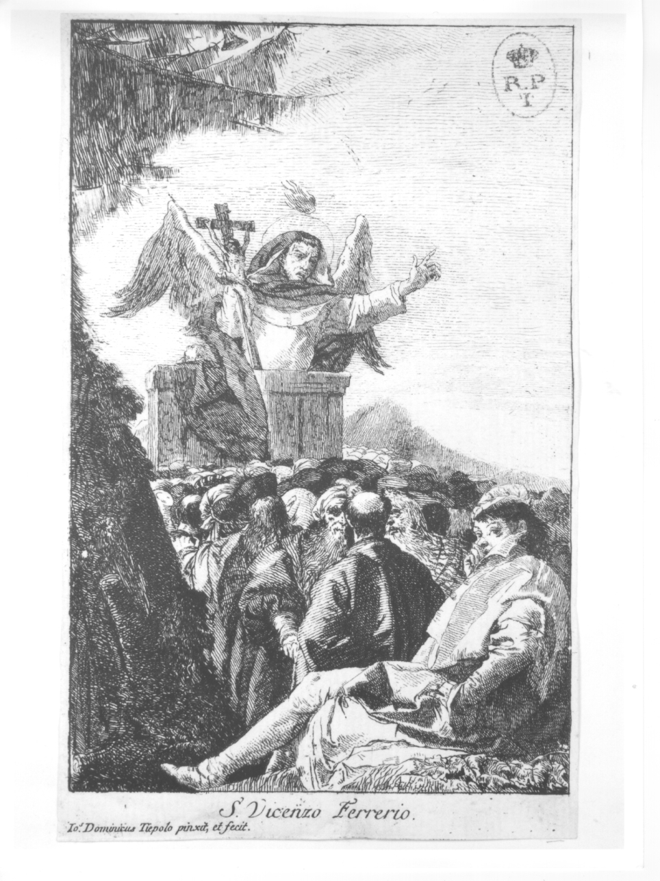 San Vincenzo Ferrer predica in campagna, San Vincenzo Ferrer predica (stampa smarginata) di Tiepolo Gian Domenico (terzo quarto sec. XVIII)