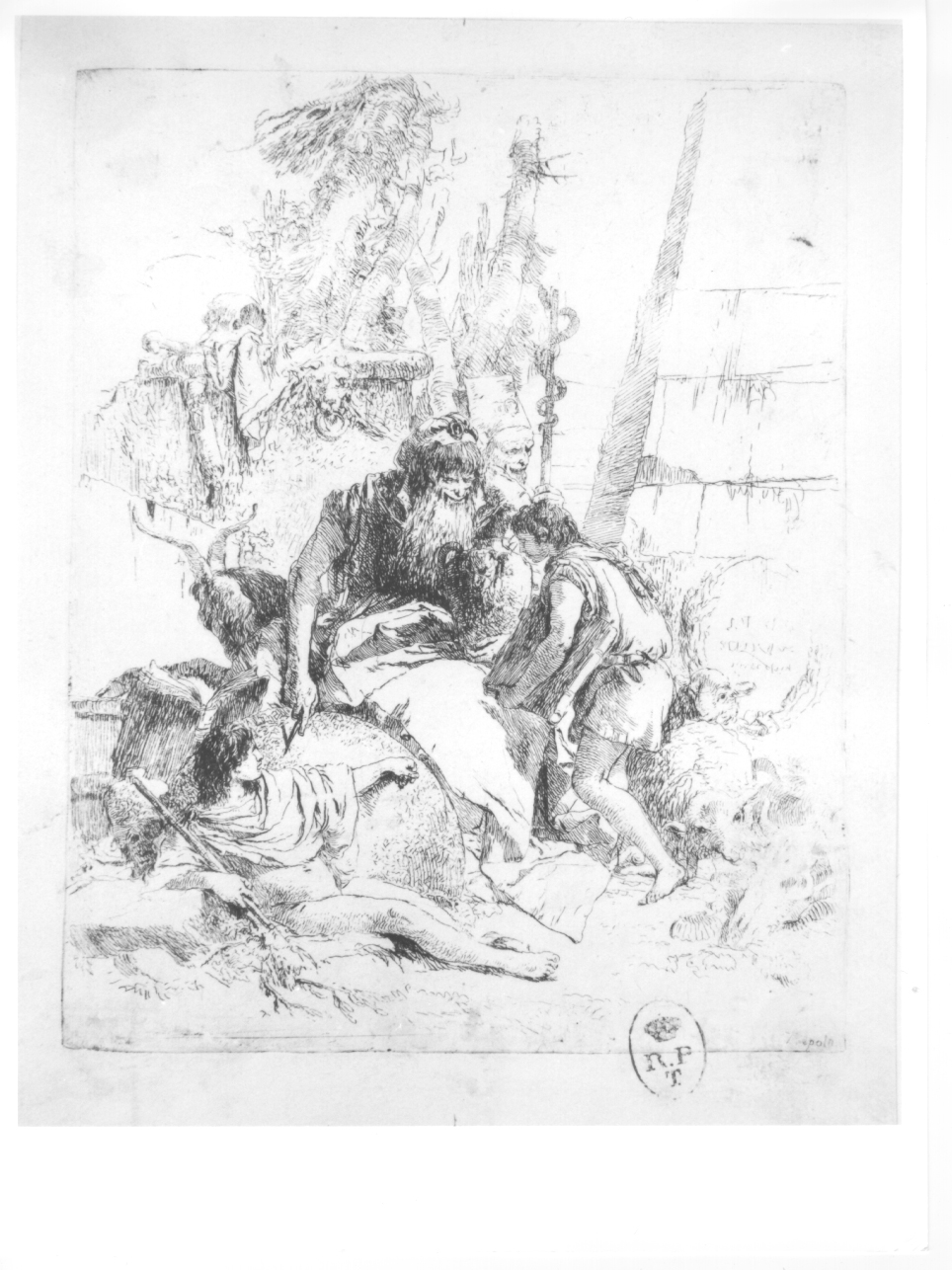 Due maghi e due ragazzi, maghi e indovini con pecore (stampa) di Tiepolo Giovanni Battista, Tiepolo Gian Domenico (terzo quarto sec. XVIII)