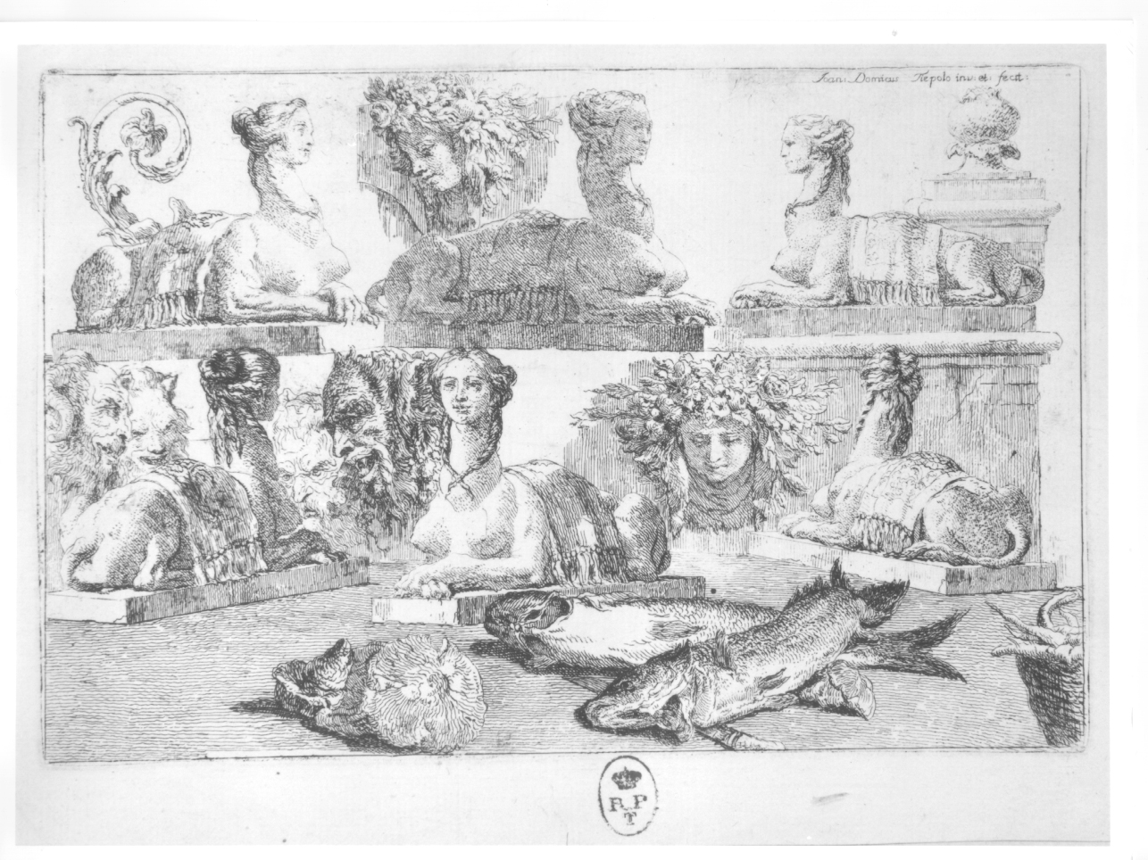 Trofei e teste capricciose, sfingi, mascheroni, pesci e conchiglia (stampa) di Tiepolo Gian Domenico (terzo quarto sec. XVIII)