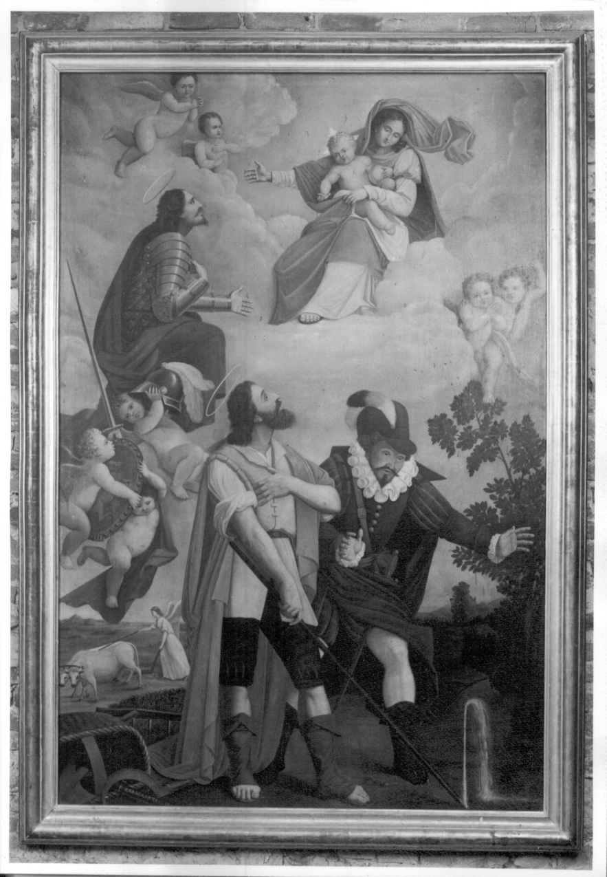 Madonna con Bambino, Sant'Isidoro Agricola, San Vittore e angeli (stampa a colori) di Rabagliati Francesco (fine sec. XIX)