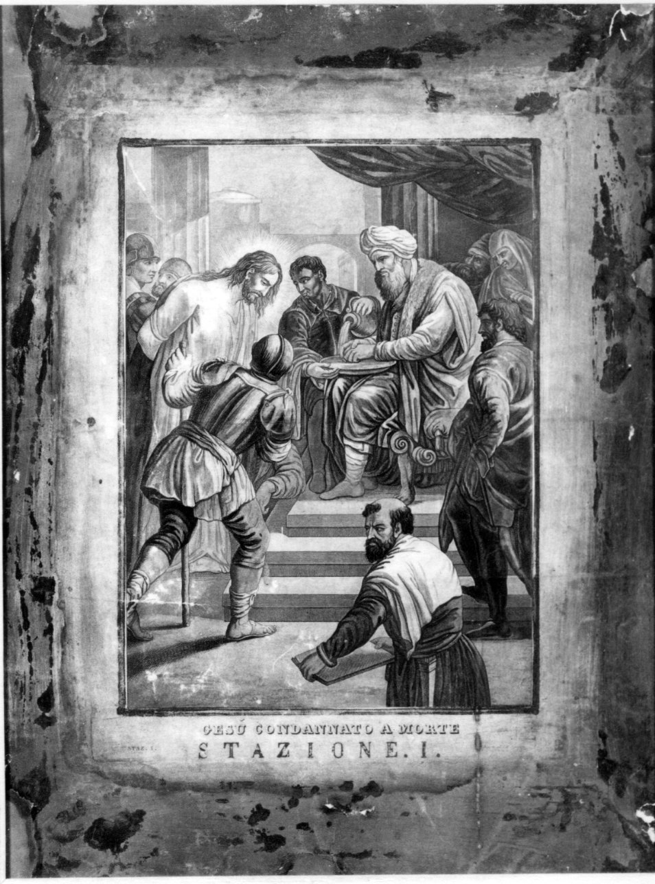 stazione I: Gesù condannato a morte (stampa a colori, elemento d'insieme) - ambito ligure (prima metà sec. XIX)