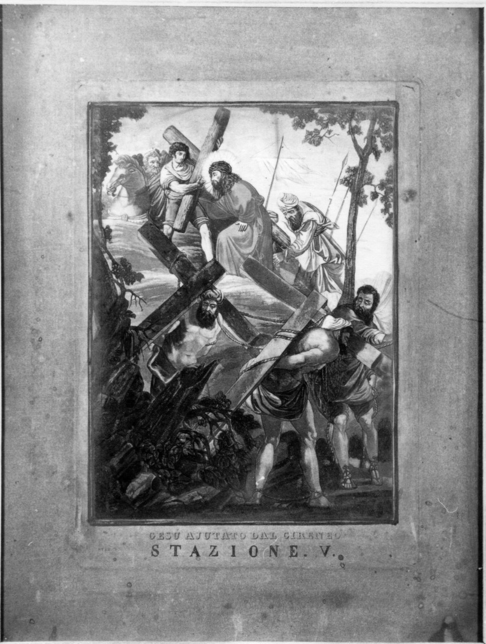 stazione V: Gesù aiutato da Simone il Cireneo a portare la croce (stampa a colori, elemento d'insieme) - ambito ligure (prima metà sec. XIX)