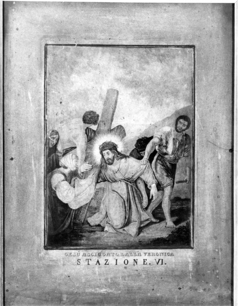stazione VI: Gesù asciugato dalla Veronica (stampa a colori, elemento d'insieme) - ambito ligure (prima metà sec. XIX)