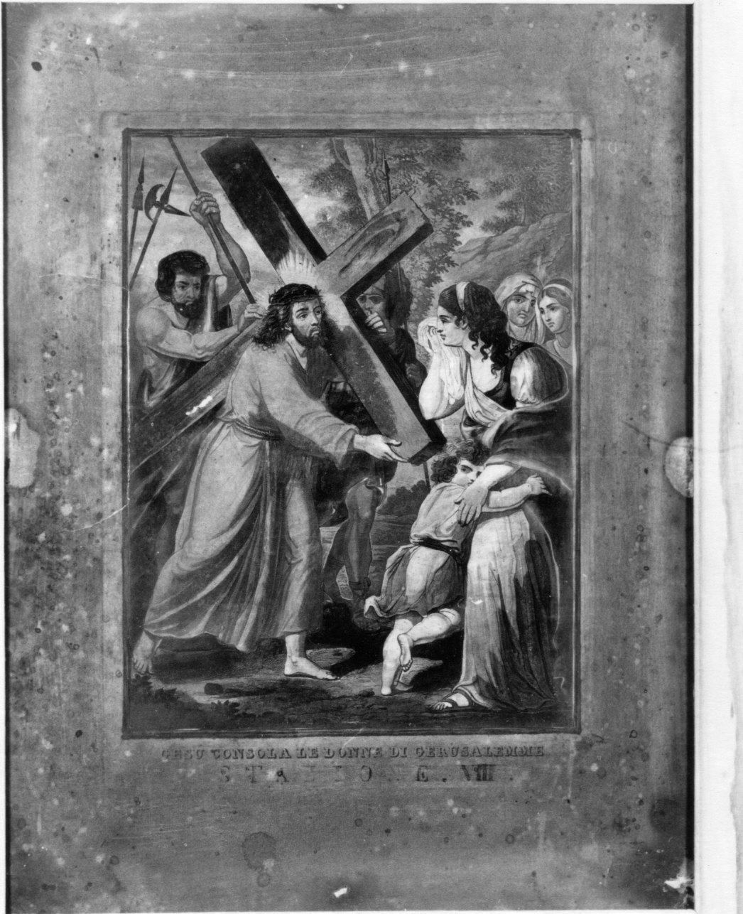 stazione VIII: Gesù consola le donne di Gerusalemme (stampa a colori, elemento d'insieme) - ambito ligure (prima metà sec. XIX)