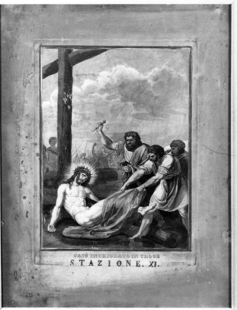 stazione XI: Gesù inchiodato alla croce (stampa a colori, elemento d'insieme) - ambito ligure (prima metà sec. XIX)