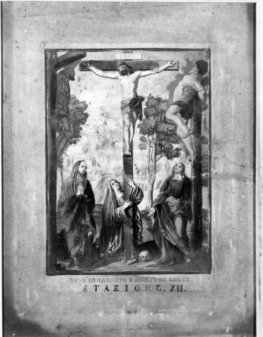 stazione XII: Gesù innalzato e morto in croce (stampa a colori, elemento d'insieme) - ambito ligure (prima metà sec. XIX)