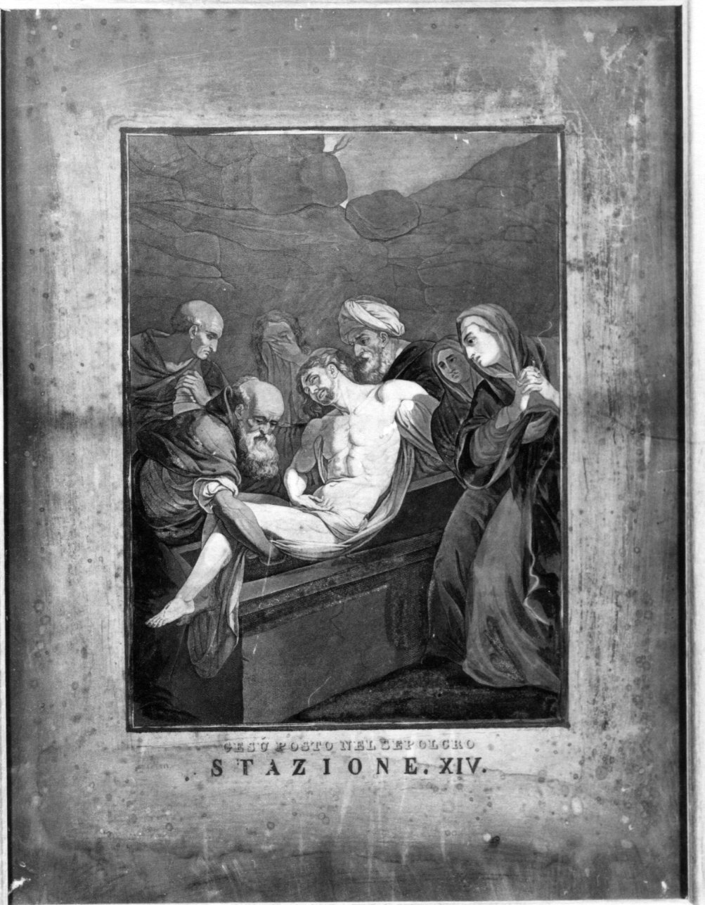 stazione XIV: Gesù deposto nel sepolcro (stampa a colori, elemento d'insieme) - ambito ligure (prima metà sec. XIX)
