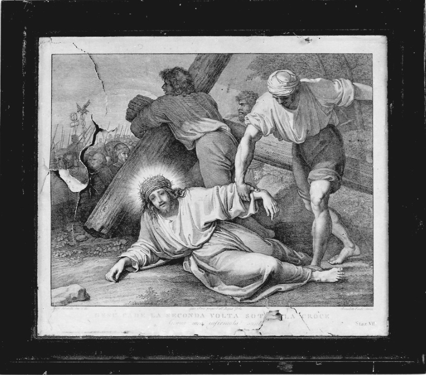 stazione VII: Gesù cade sotto la croce la seconda volta (stampa, elemento d'insieme) di Sabatelli Luigi, Pera Giuseppe, Cecchi Giovanni Battista (sec. XIX)