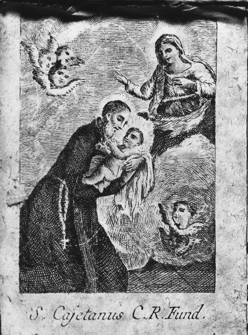 San Gaetano, San Gaetano da Thiene con Gesù Bambino, la Madonna e cherubini (stampa) - ambito italiano (sec. XVIII)