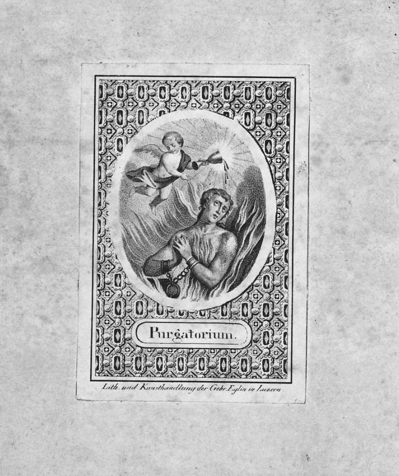 anima del purgatorio e angioletto con calice del Sangue di Cristo (stampa) - ambito svizzero (seconda metà sec. XIX)