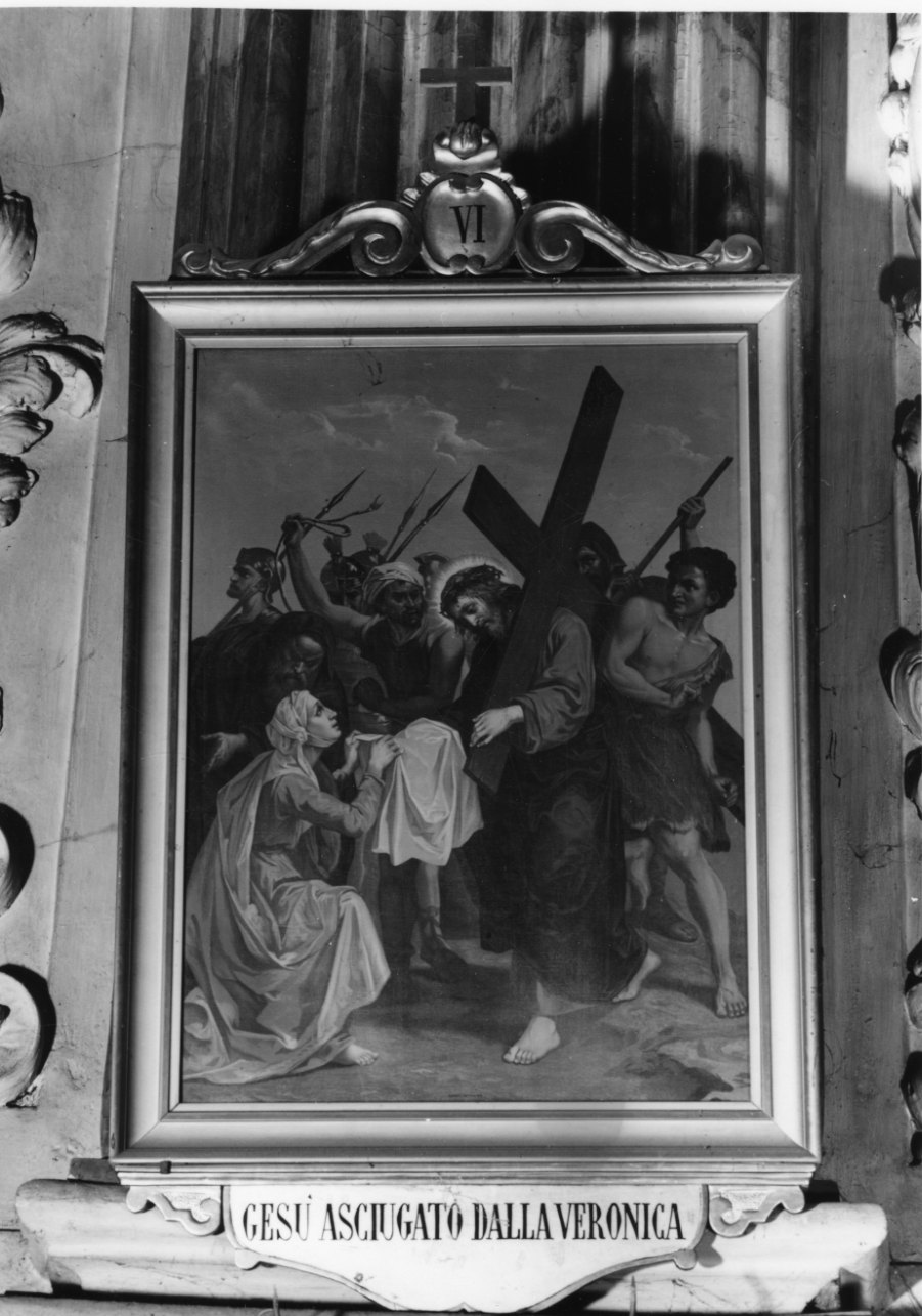 stazione VI: Gesù asciugato dalla Veronica (dipinto) di Morgari Luigi, Aubert Pietro (ultimo quarto sec. XIX)