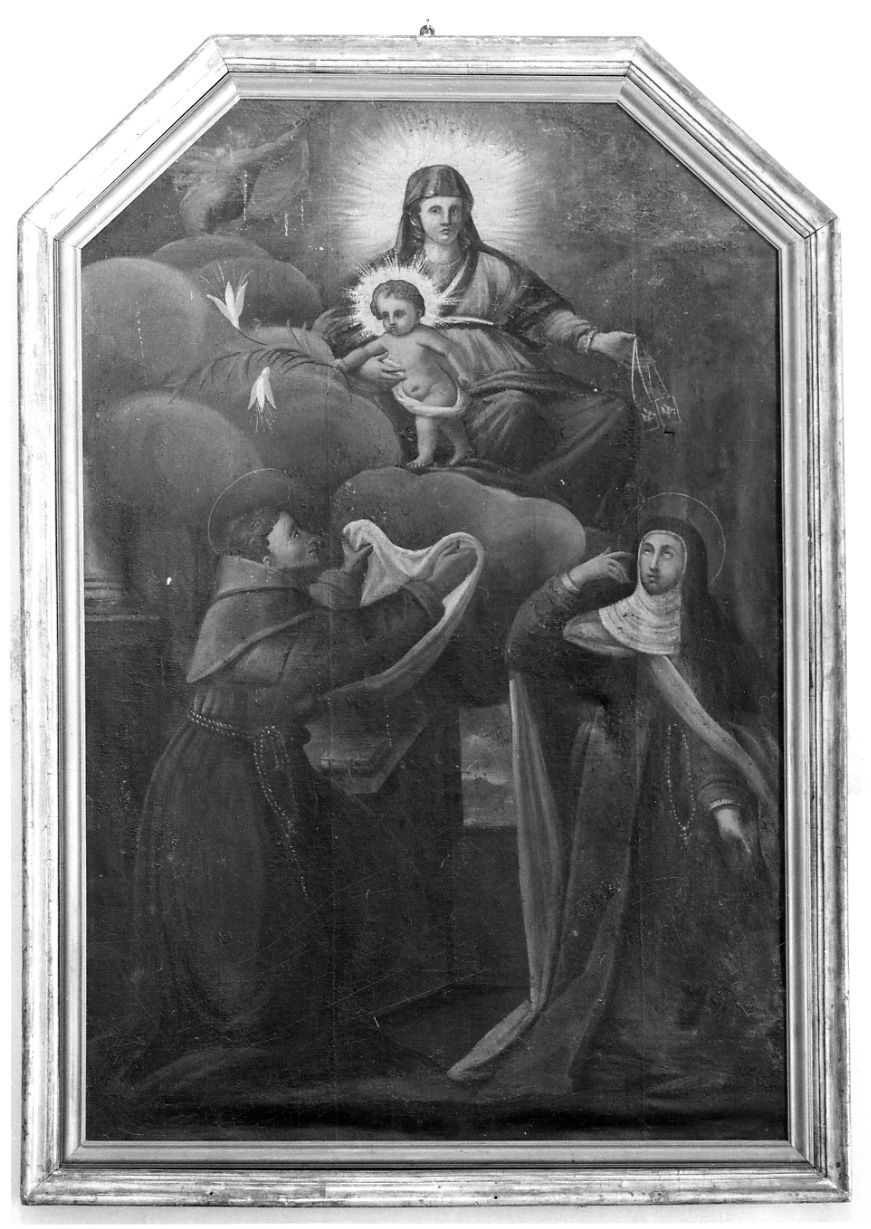Madonna del Carmelo offre lo scapolare a Sant'Antonio da Padova e Santa Teresa d'Avila (dipinto, opera isolata) - ambito piemontese (metà sec. XVII)