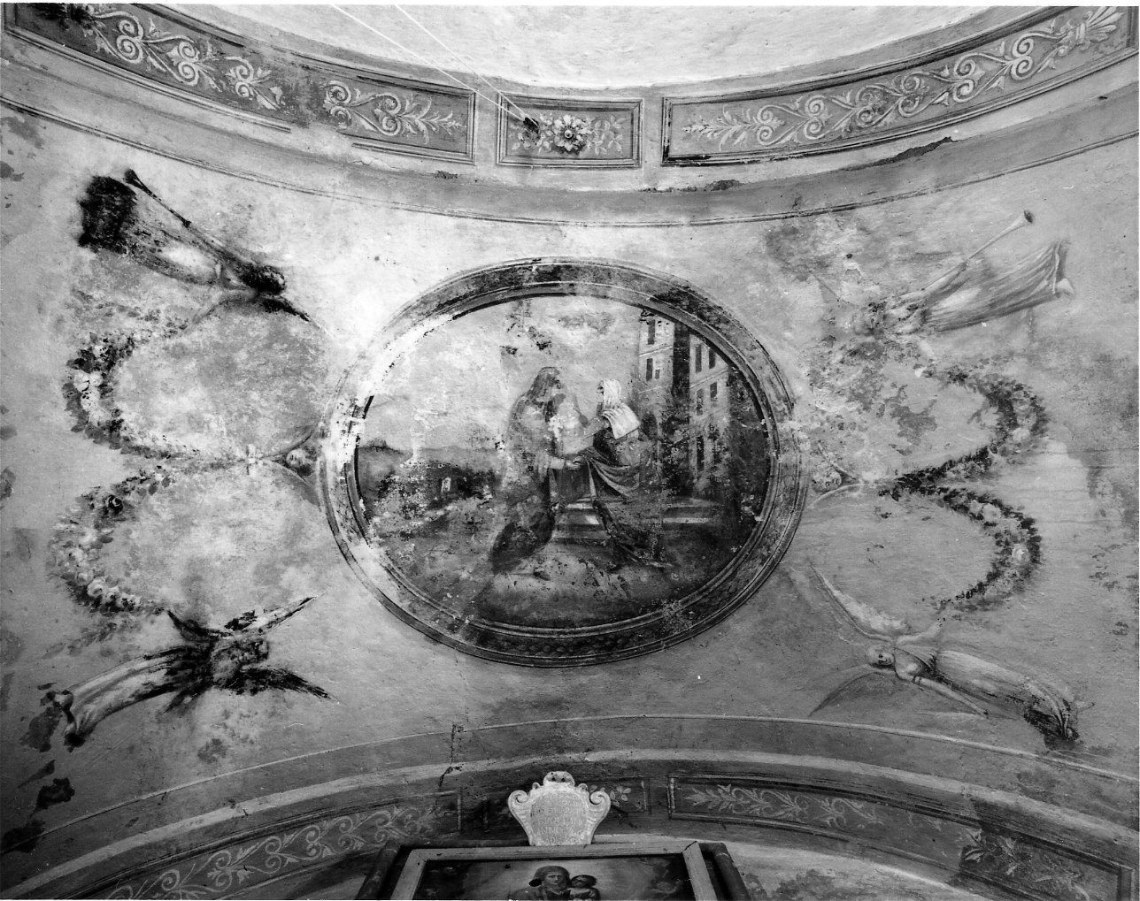 Visitazione con motivi decorativi a festoni, angeli e cherubini (dipinto, opera isolata) - ambito ligure, ambito piemontese (prima metà sec. XIX)